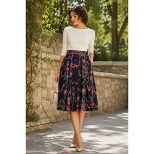 Herman Geist Vintage Navy Floral Pleated Midi Skirt Pockets Rayon Womens Size 12